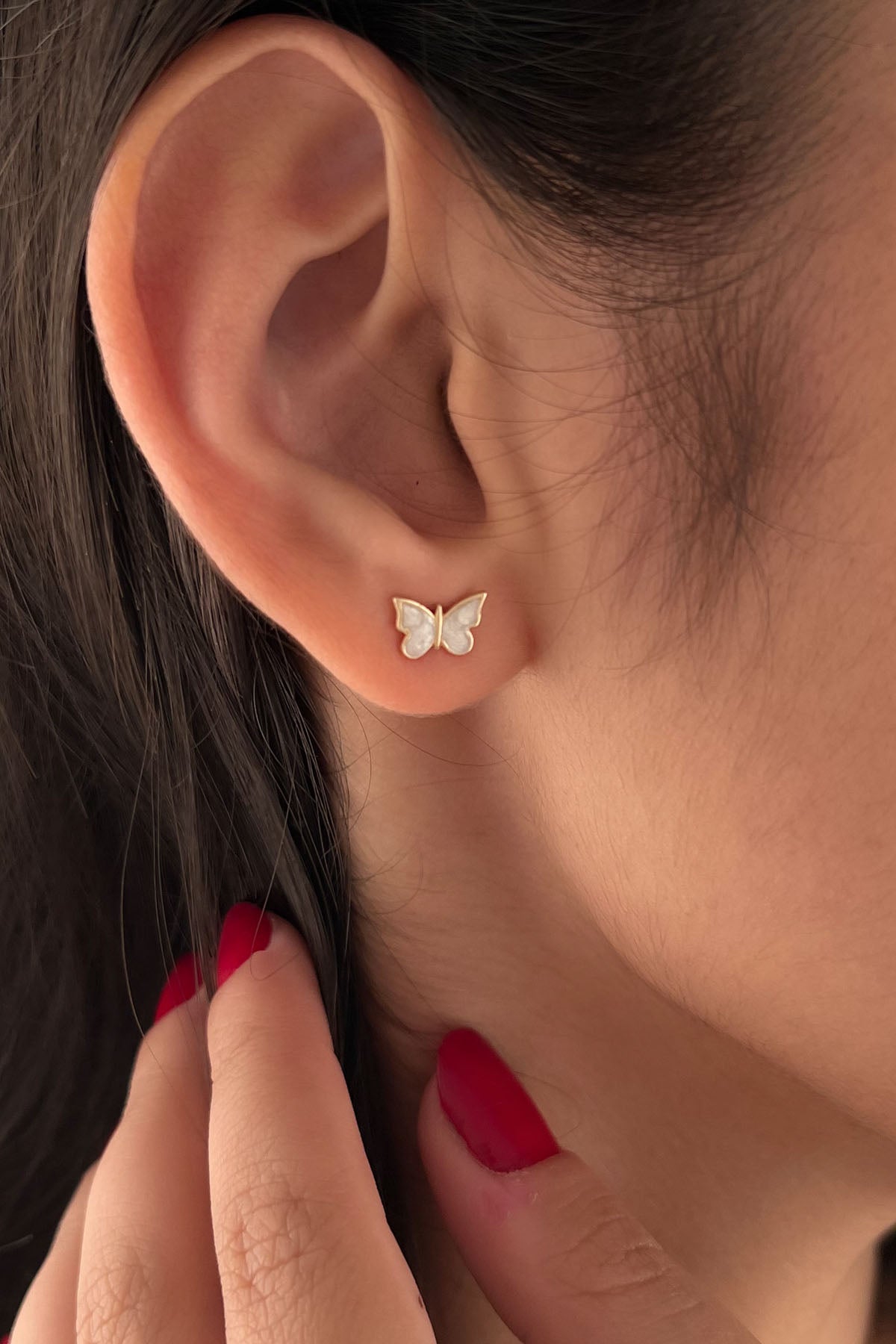 14K Gold White Enamel Butterfly Shape Stud Earrings