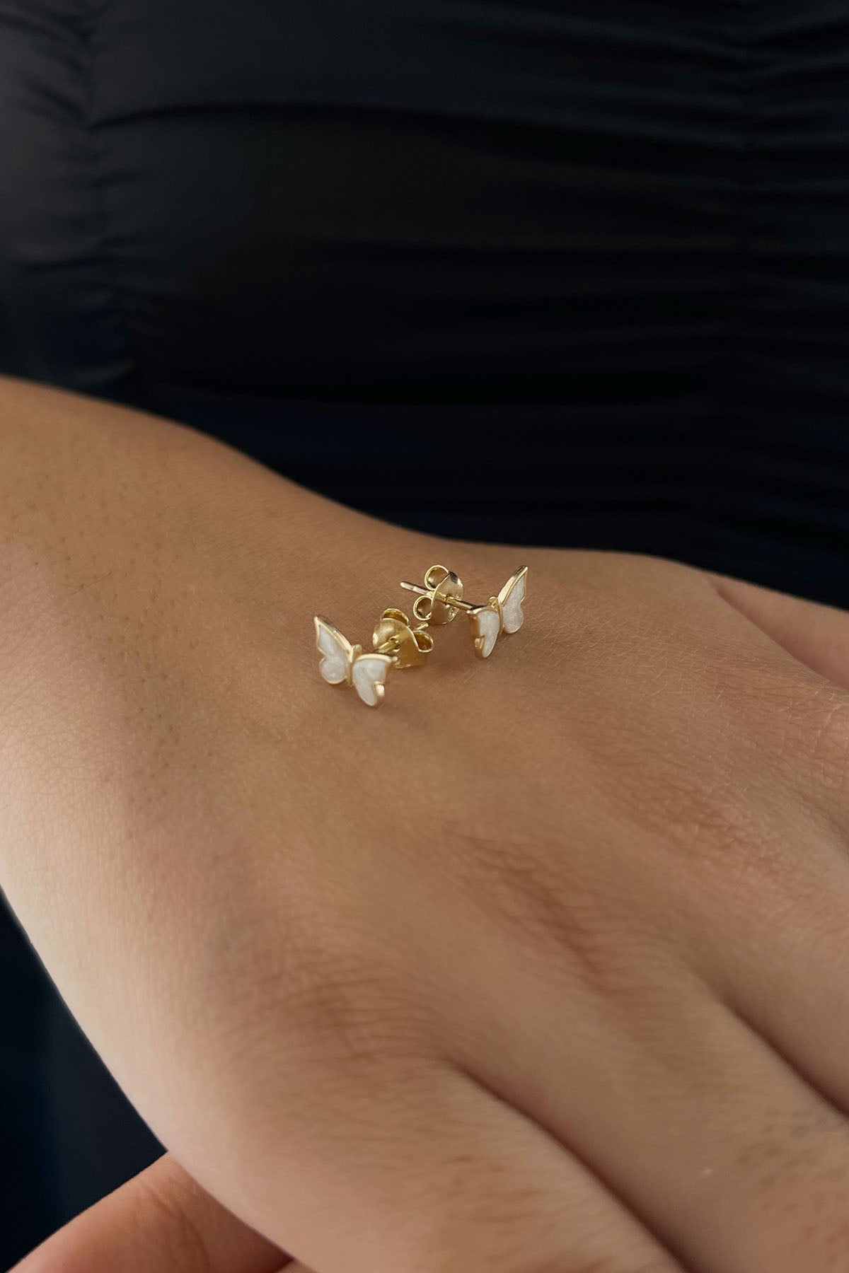 14K Gold White Enamel Butterfly Shape Stud Earrings