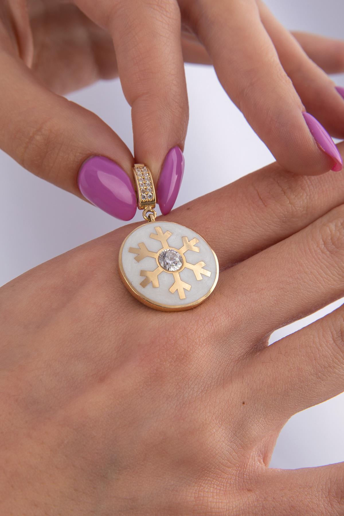 14K Gold White Enamel Snowflake Charm
