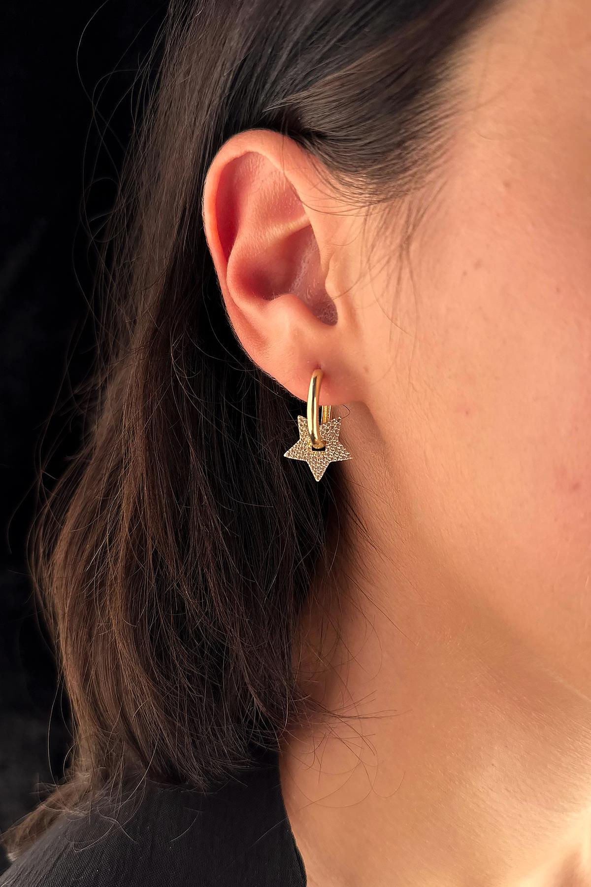 14K Gold White Stone Star Huggie Earrings
