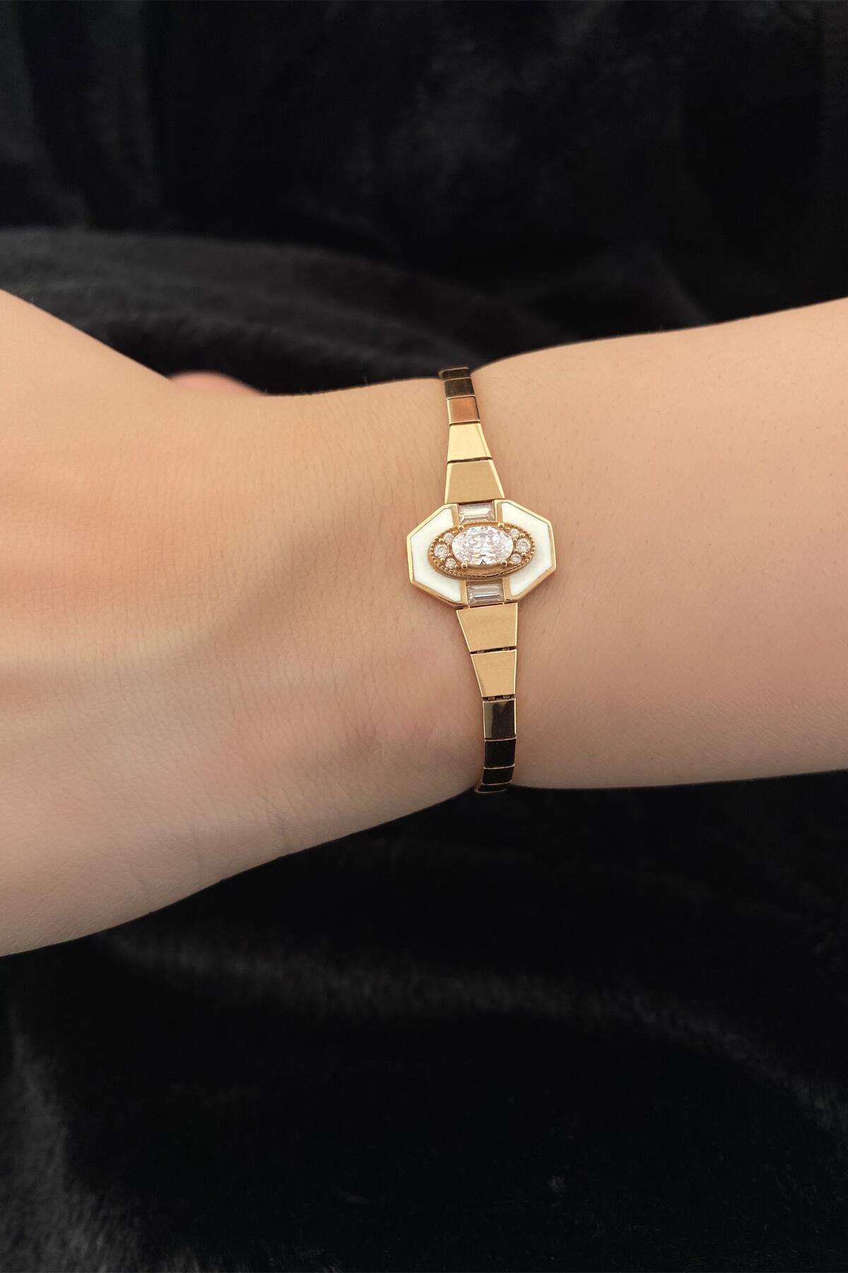 14K Gold Wide Stone Bracelet with White Enamel