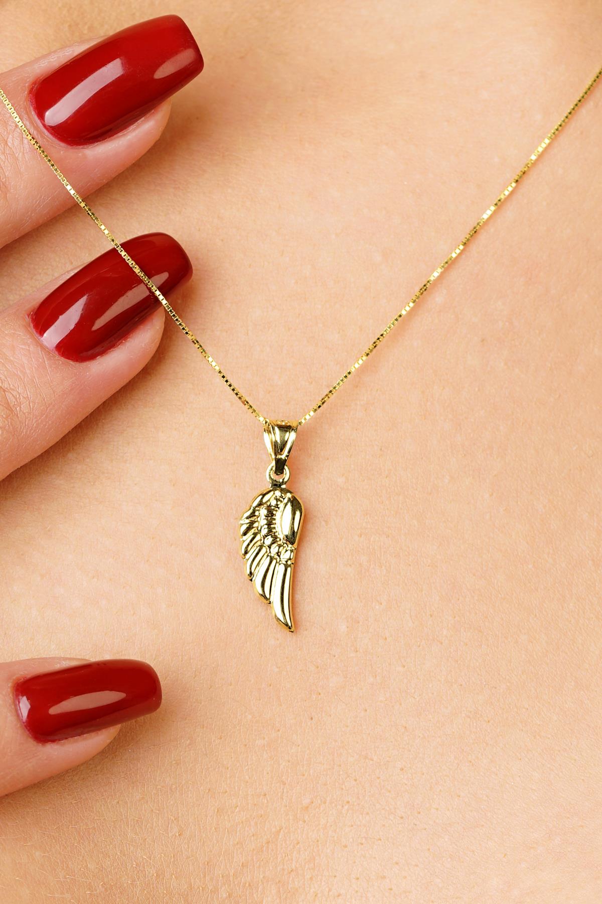 14K Solid Gold Wing Detailed Cube Chain Necklace