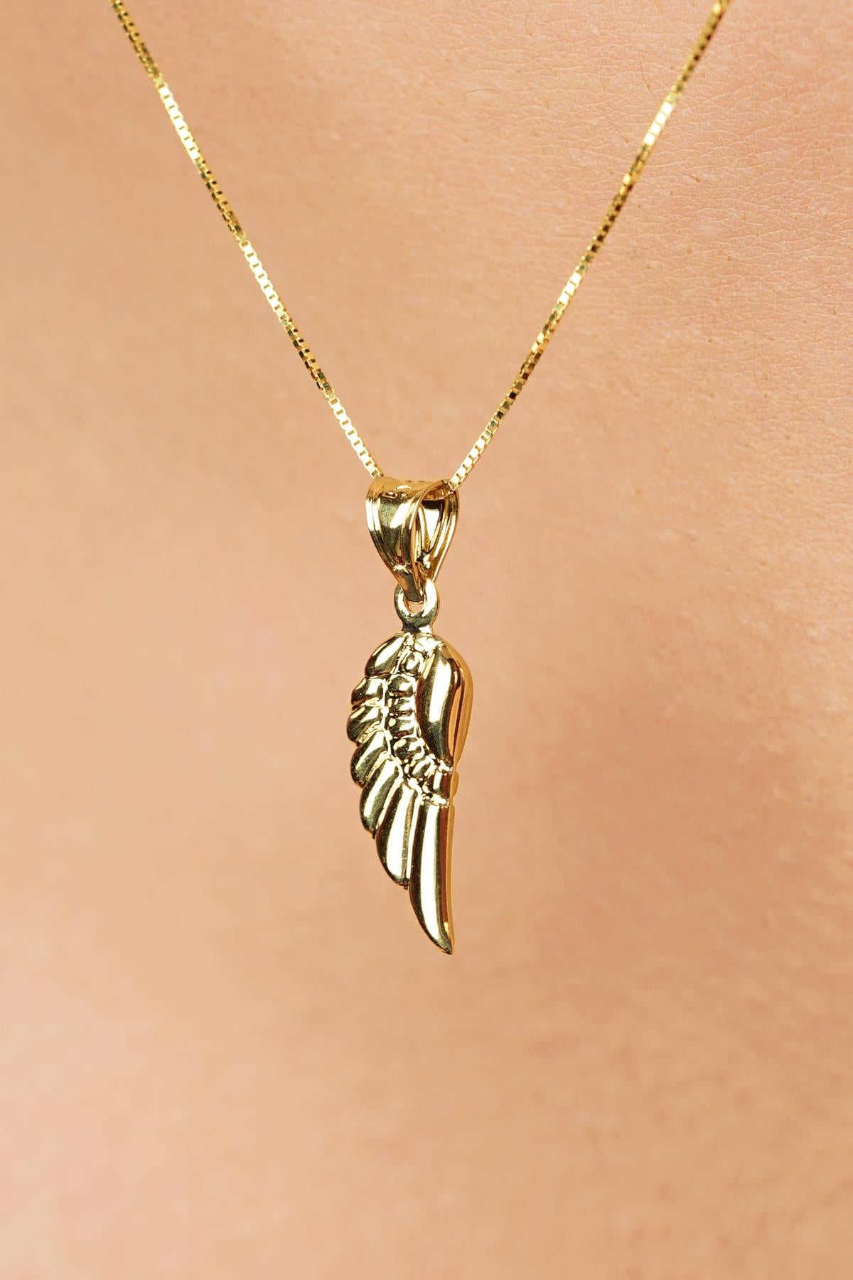 14K Solid Gold Wing Detailed Cube Chain Necklace