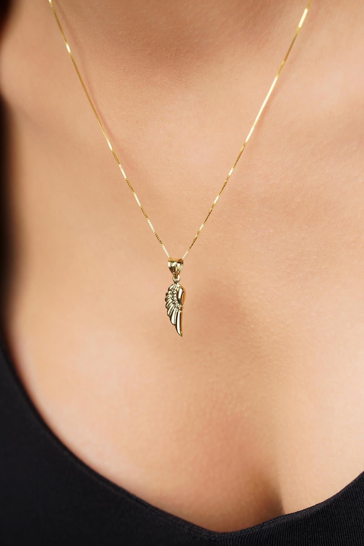 14K Solid Gold Wing Detailed Cube Chain Necklace