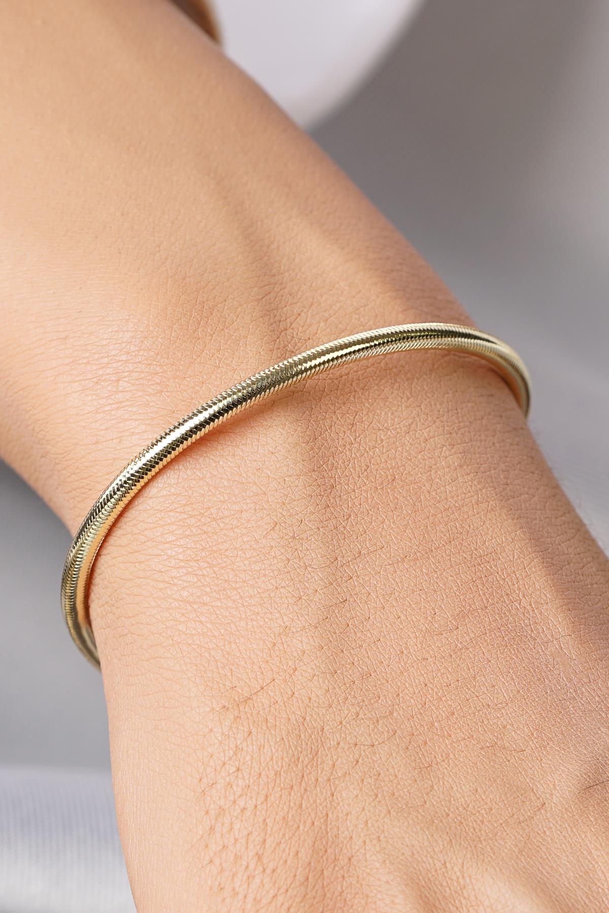 14k Solid Gold Flexible Italian Bracelet, 3mm Mesh Chain, Adjustable Gold Bangle, Real Gold Stacking Bracelet, Gift for Her