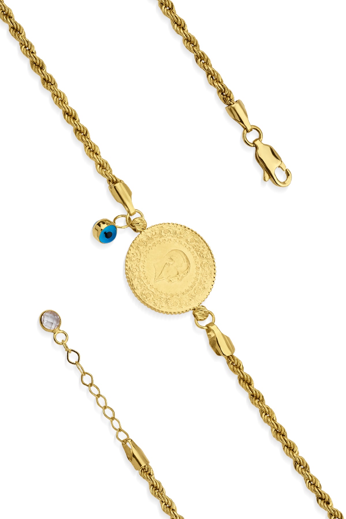 22K Gold Coin and 14K Gold Rope Bracelet
