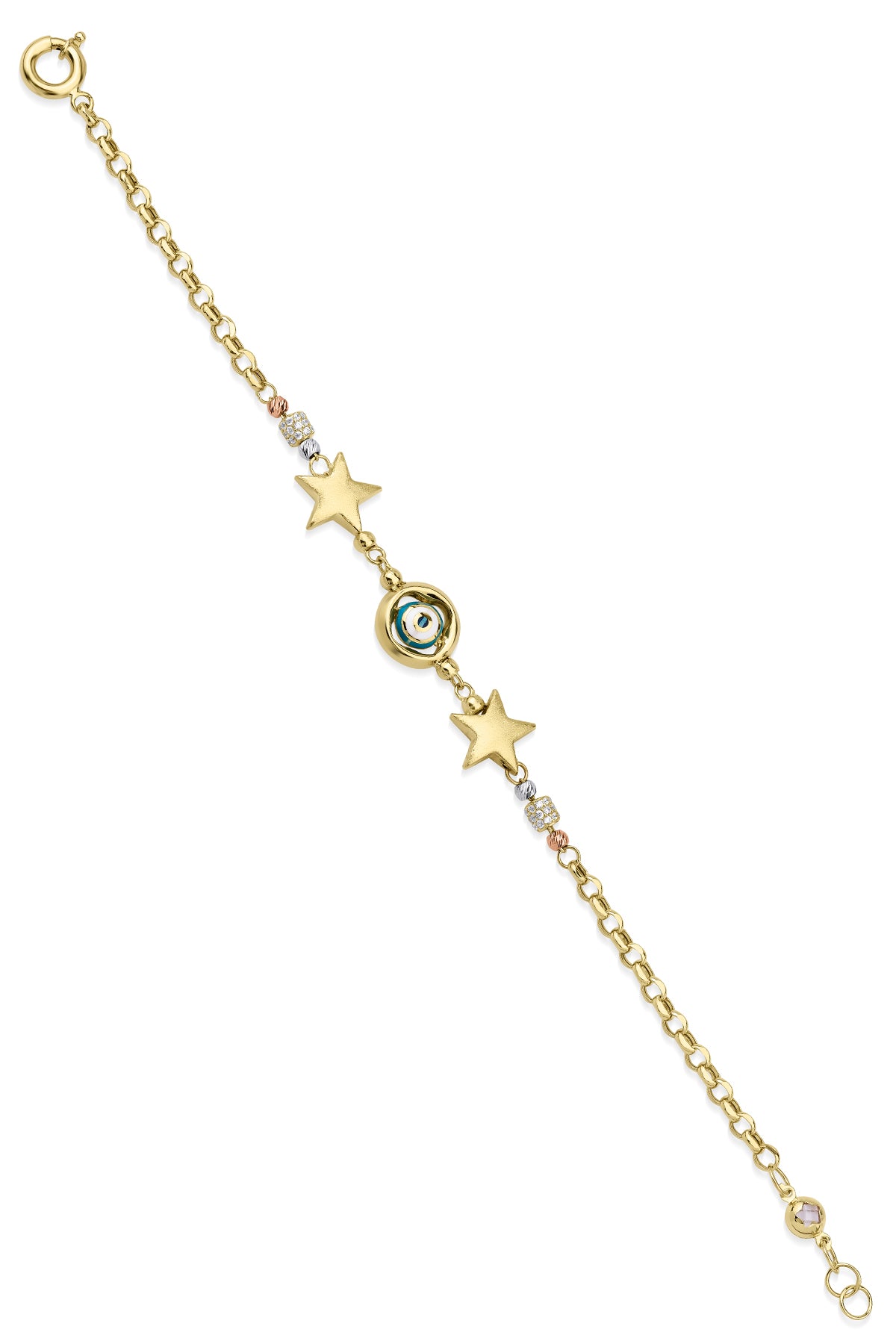 14K Gold Rolo Bracelet With Stars & Evil Eye