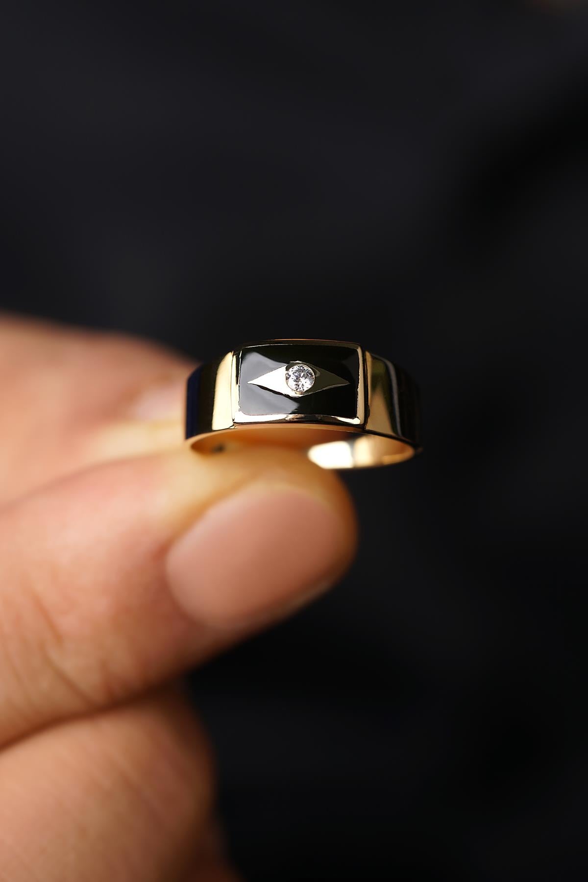 Men's 14K Gold Black Enamel Signet Ring