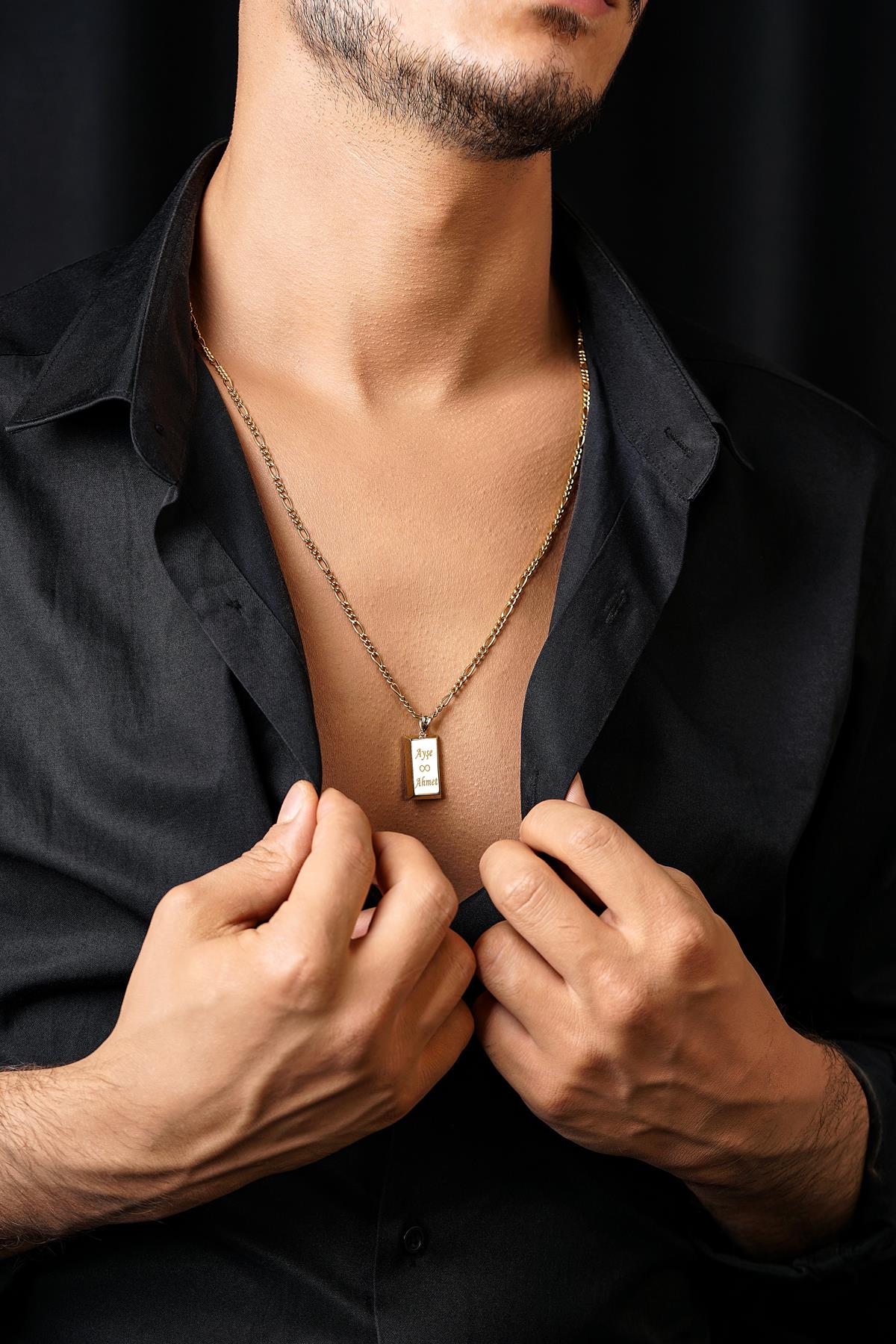 Men's 14K Solid Gold Ingot Charm on Figaro Chain