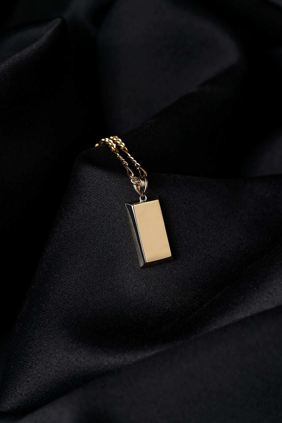 Men's 14K Solid Gold Ingot Charm on Figaro Chain