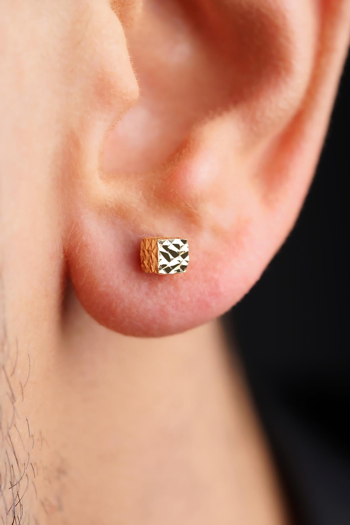 Men's 14K Gold Textured Square Studs